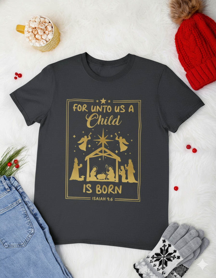 Unto Us a Child Is Born – Unisex Christian Tee Front only (Isaiah 9:6)