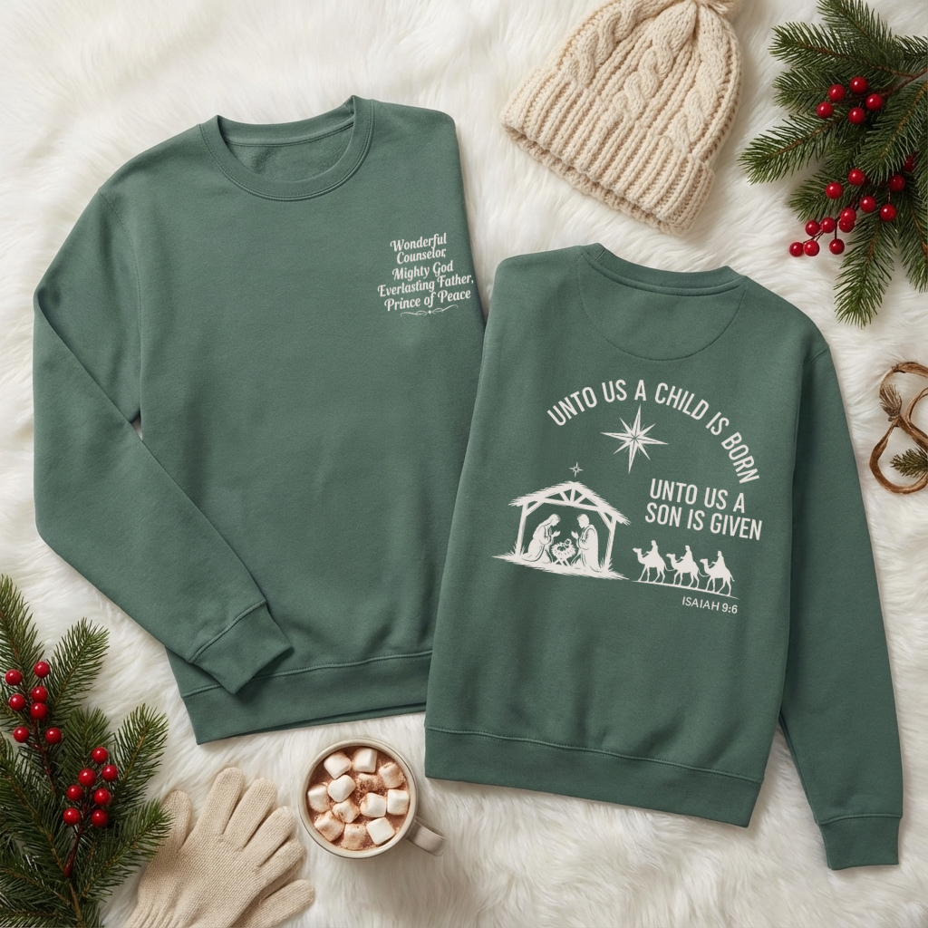 Unto Us a Child Is Born – Unisex Christian Fleece Crewneck (Isaiah 9:6)