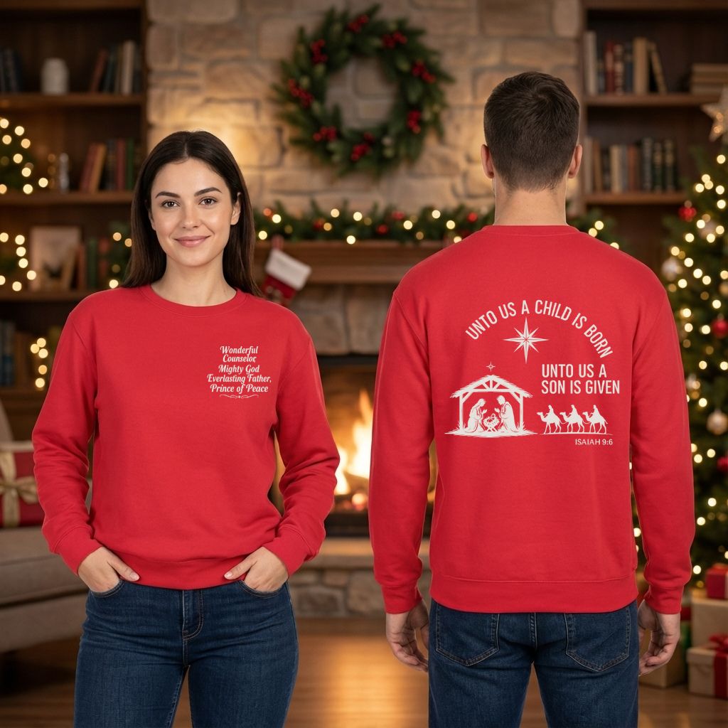 Unto Us a Child Is Born – Unisex Christian Fleece Crewneck (Isaiah 9:6)