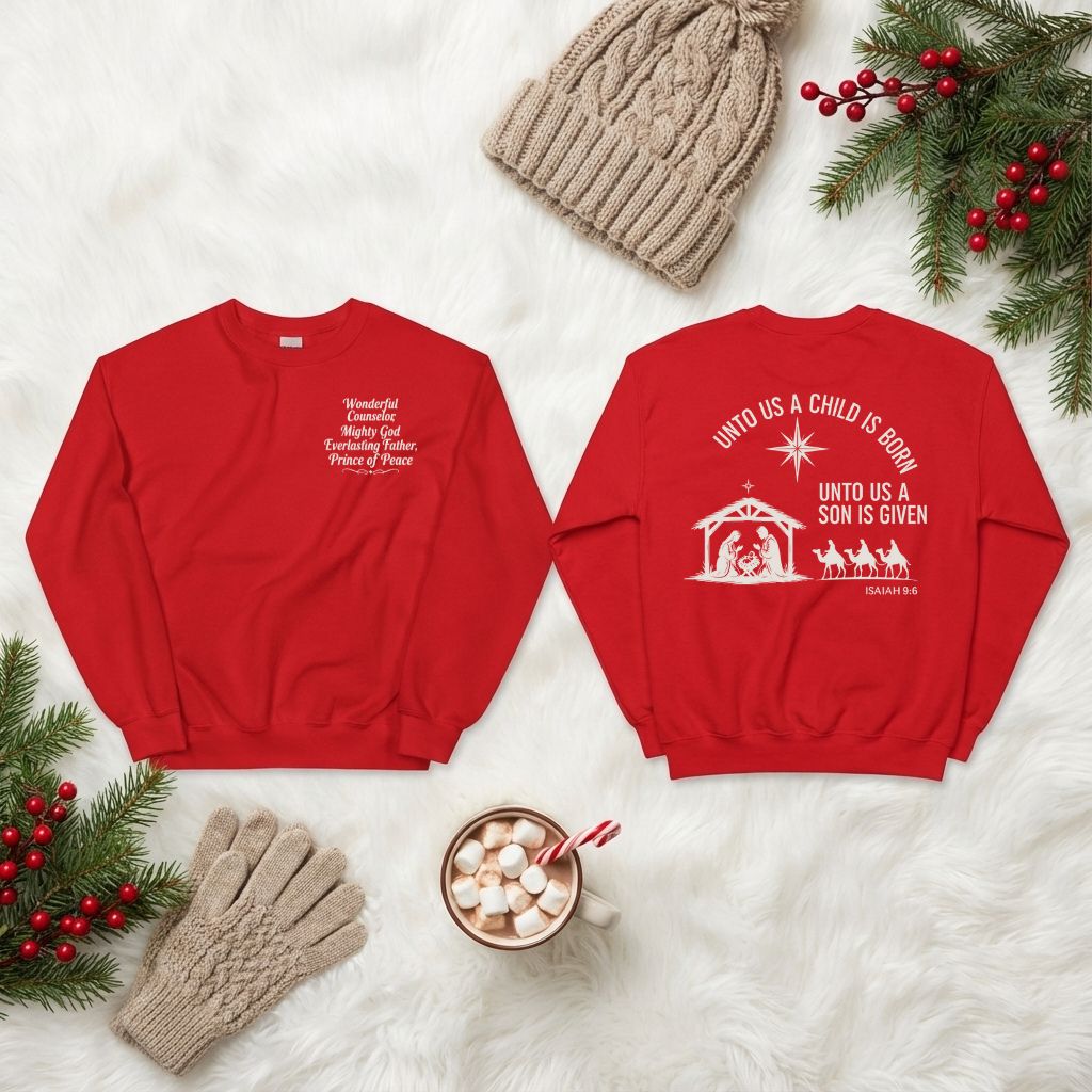 Unto Us a Child Is Born – Unisex Christian Fleece Crewneck (Isaiah 9:6)